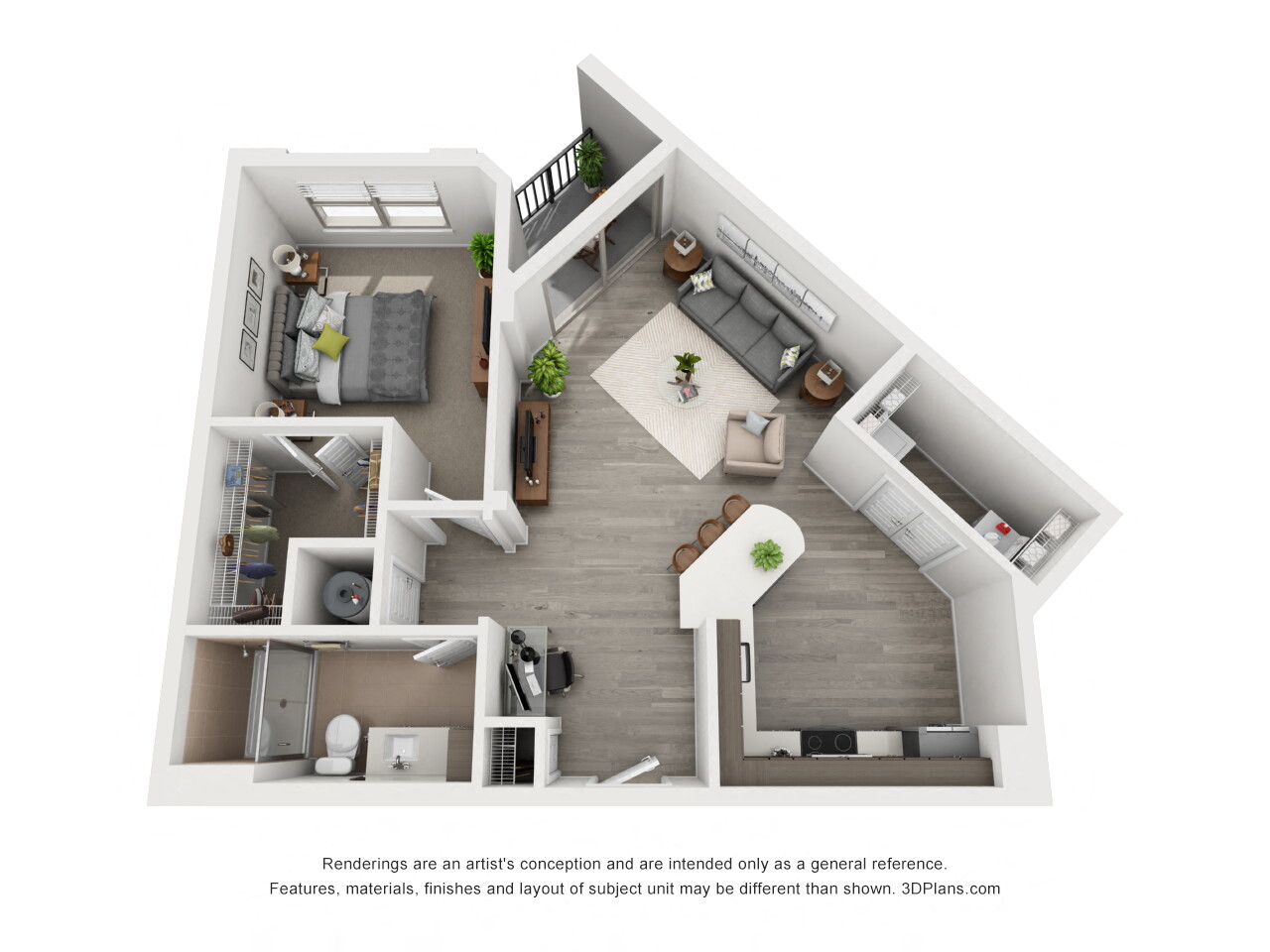 Floor plan for 1 bed, 1 bath, 871 sqft